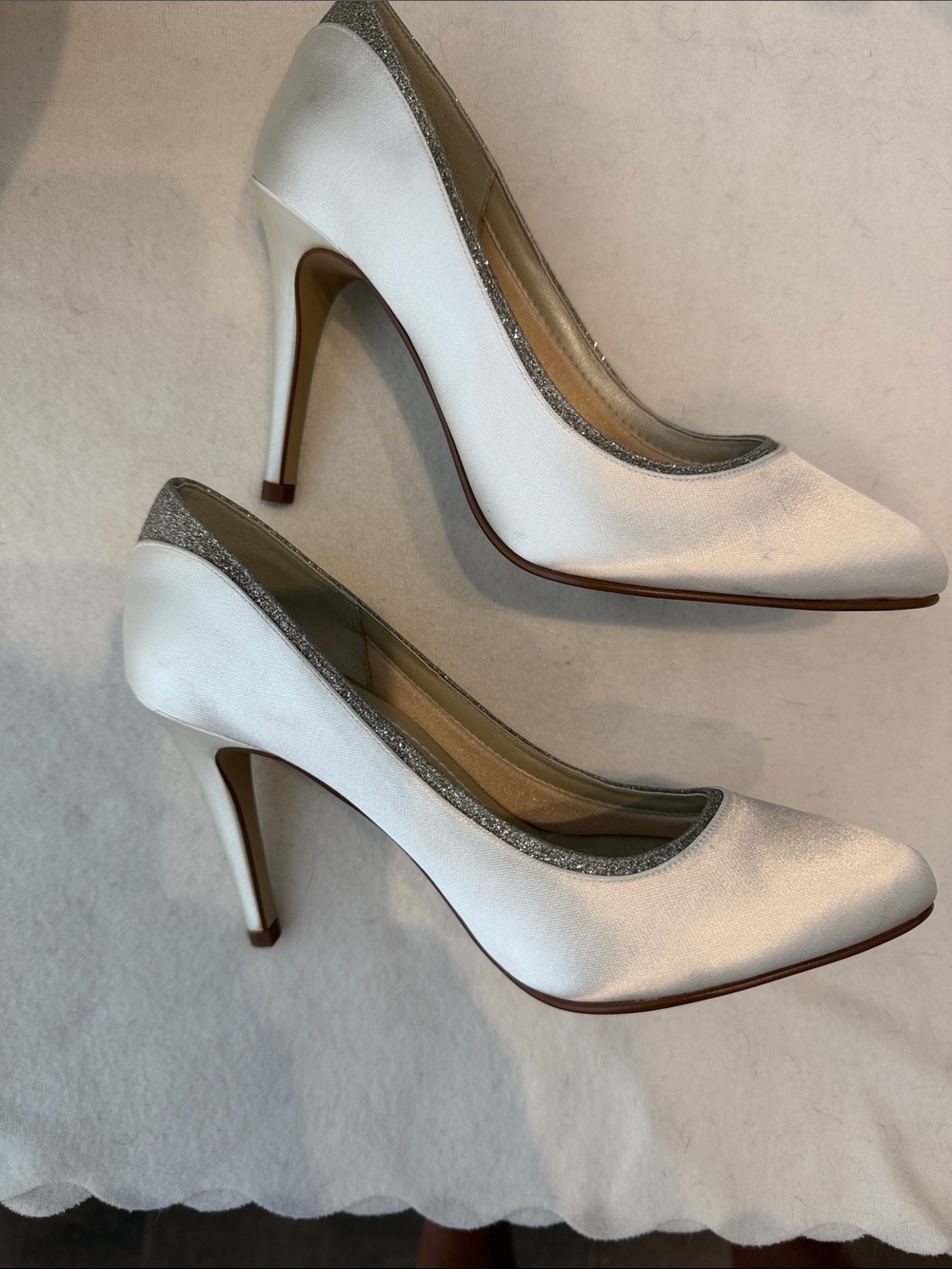 Rainbow White Satin Pointed Toe Pumps with Silver Sparkle Trim